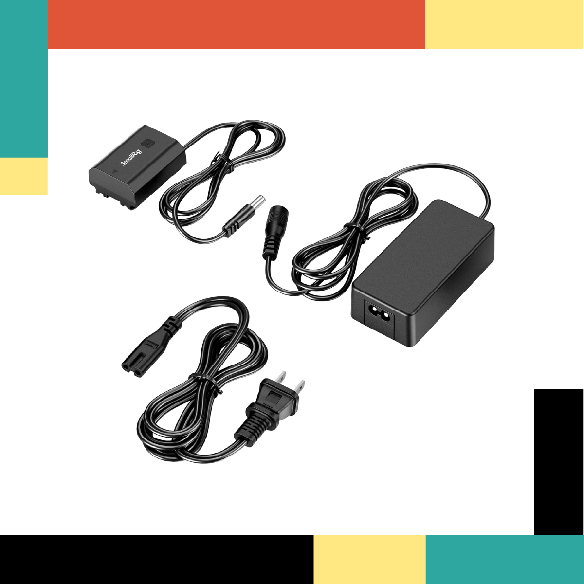 Set of electronic power supplies with cables on a colorful background