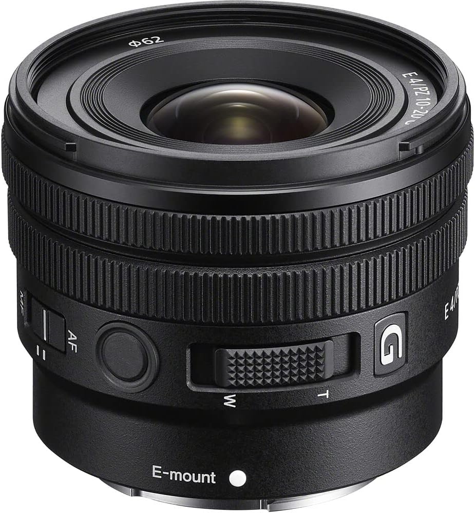 Camera lens with E-mount marking on a white background