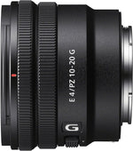 Camera lens with 'E 4/PZ 10-20 G' text on a black background