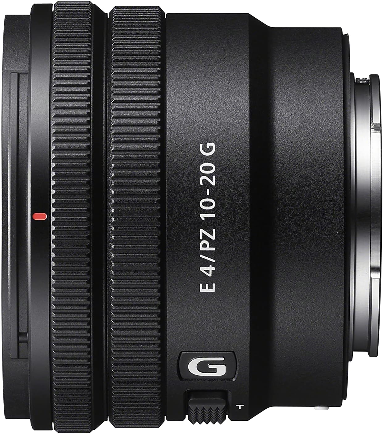 Camera lens with 'E 4/PZ 10-20 G' text on a black background