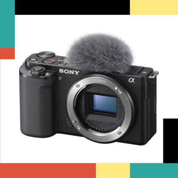Sony camera with a microphone on a colorful background