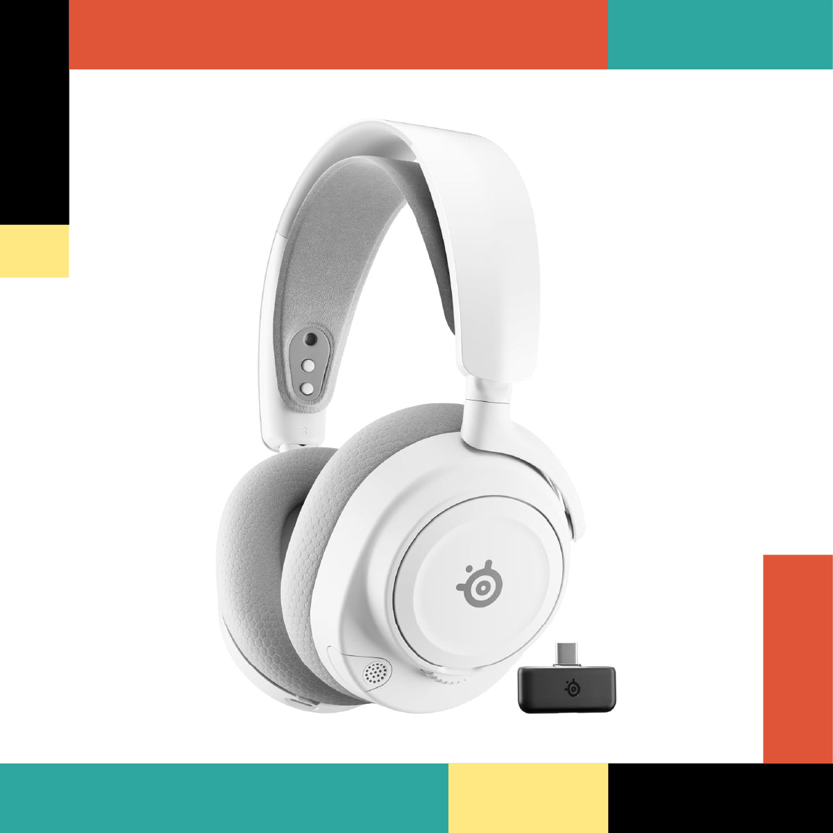 White gaming headset with a brand logo on a colorful geometric background