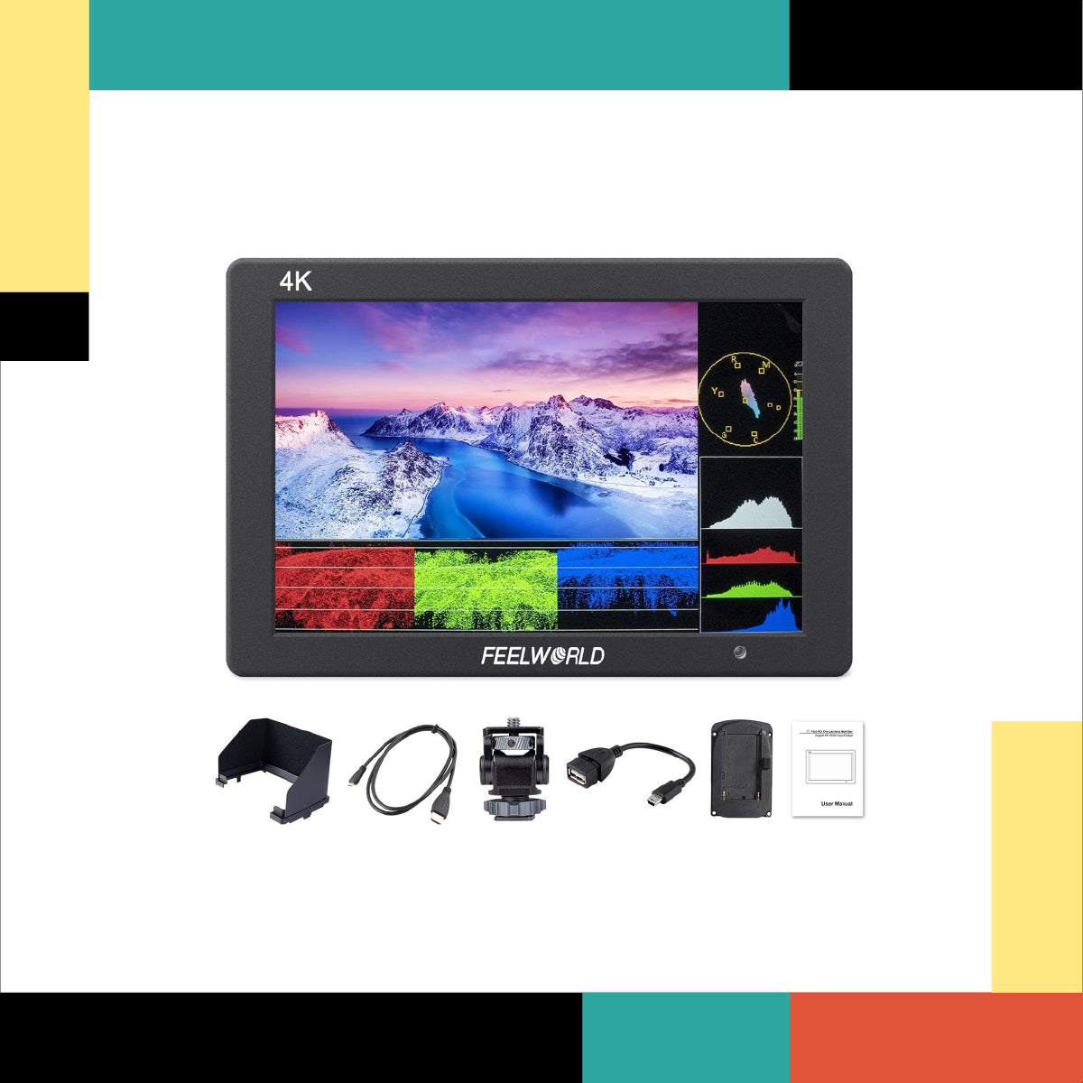 Feelworld 4K monitor with accessories on a colorful background