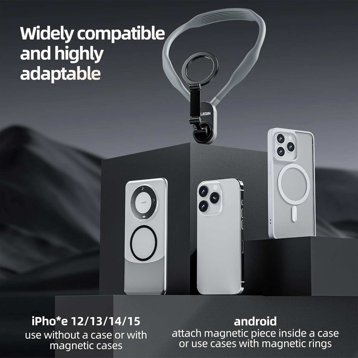 Phone case with magnetic attachment feature on a dark background