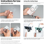 Instructions for using a safety rope with a phone case on a gray background