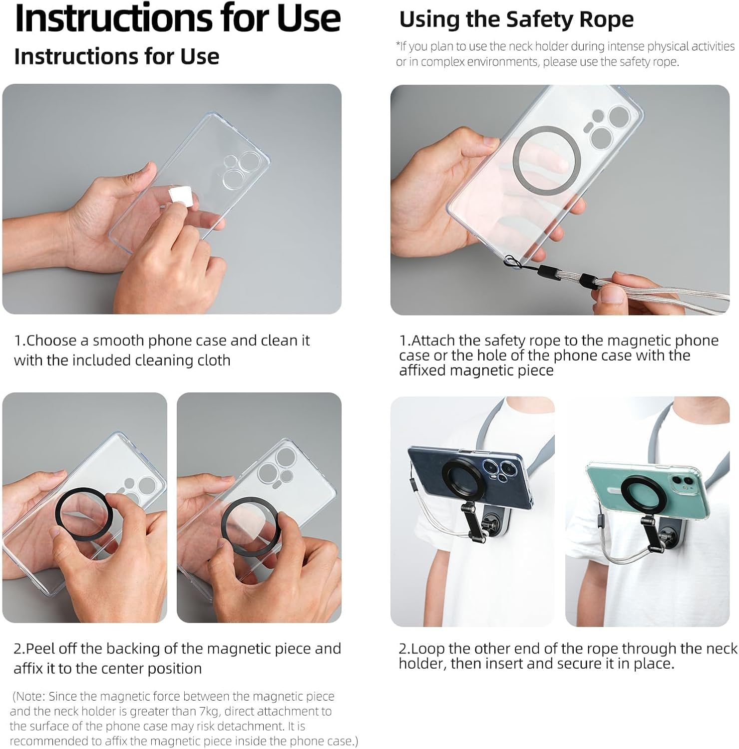 Instructions for using a safety rope with a phone case on a gray background