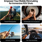 Four scenarios showcasing immersive point-of-view (POV) filming: travel photography, handmade live broadcast, leisure fishing, and car trip recording.