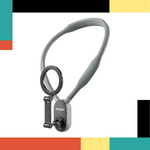 Gray neck strap with a clip on a white background