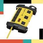Yellow power strip with multiple outlets on a colorful background