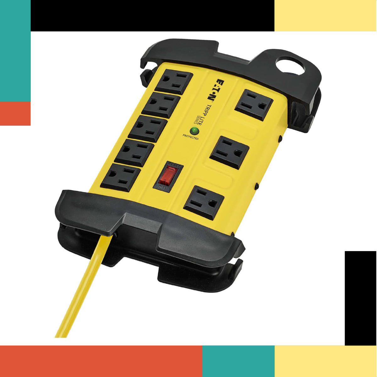 Yellow power strip with multiple outlets on a colorful background