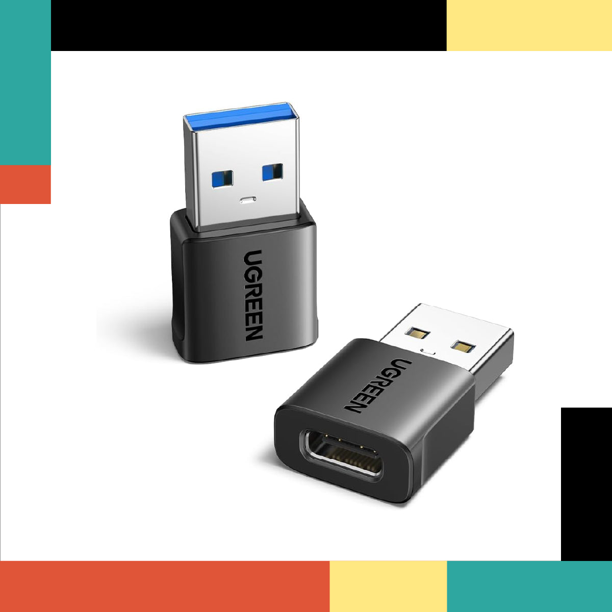 Two UGREEN USB adapters on a colorful background