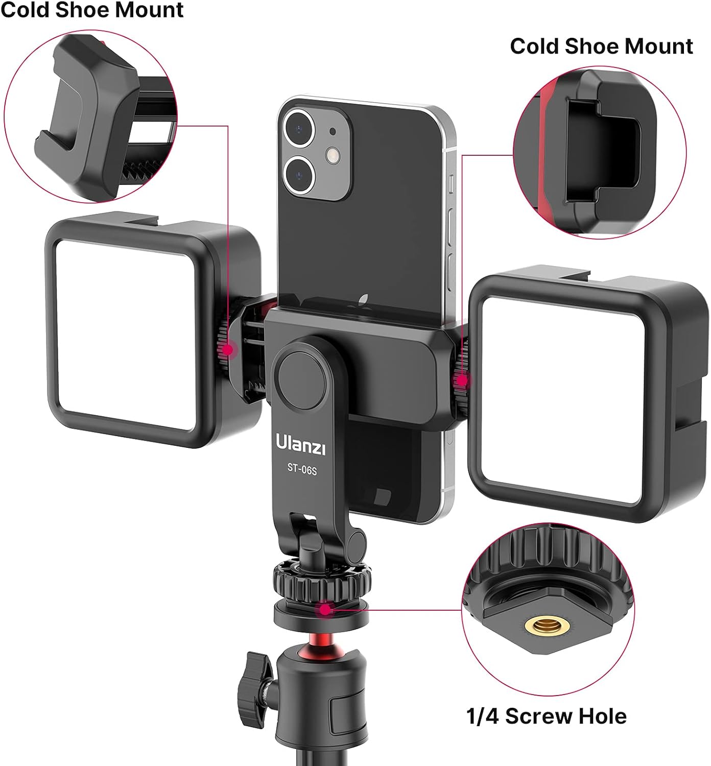Phone holder with cold shoe mount and 1/4 screw hole on a white background