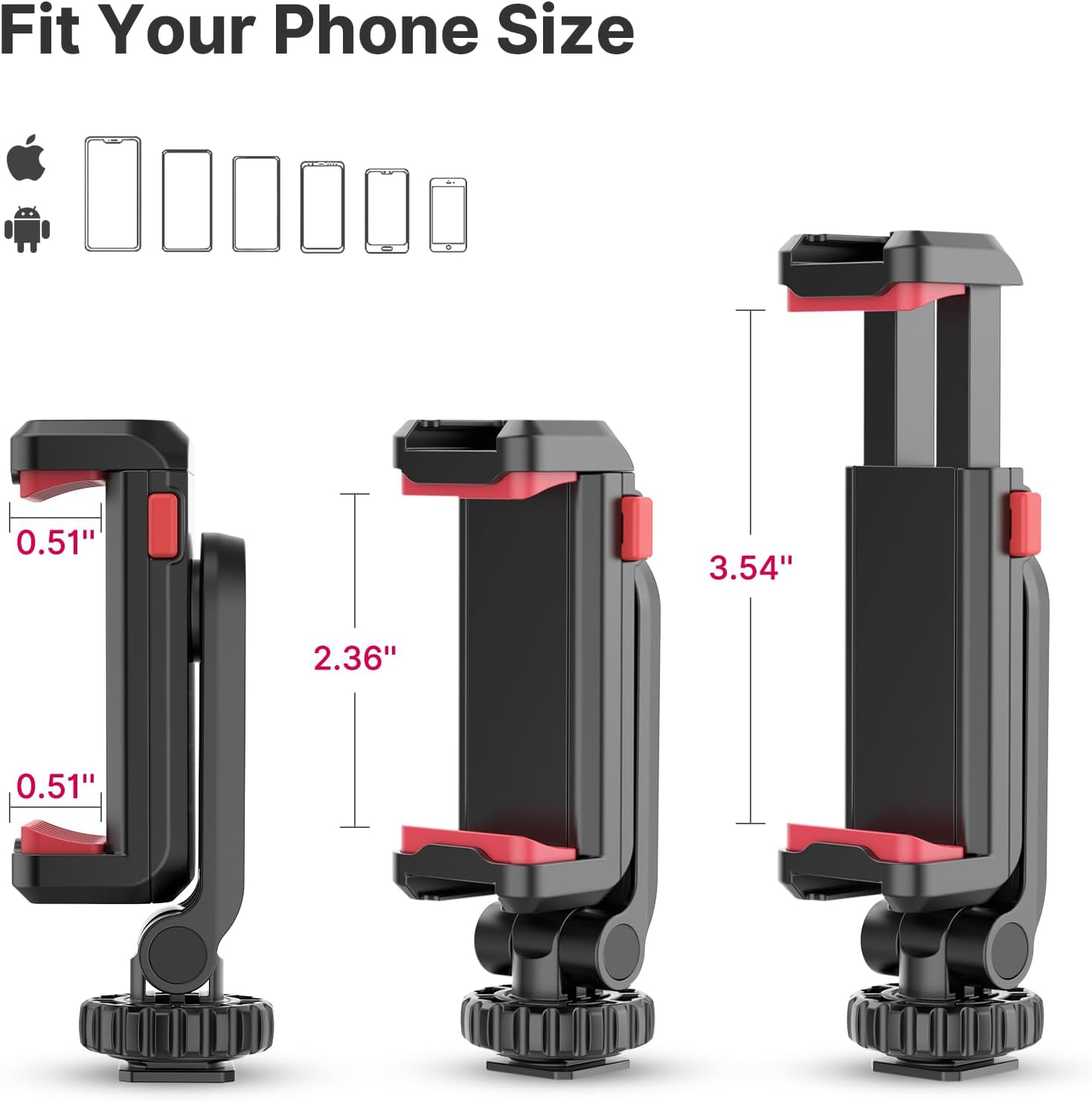 Phone holder with size measurement chart on a white background