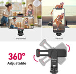 Ulanzi smartphone stabilizer with 360-degree adjustment feature, shown in horizontal and vertical orientations.