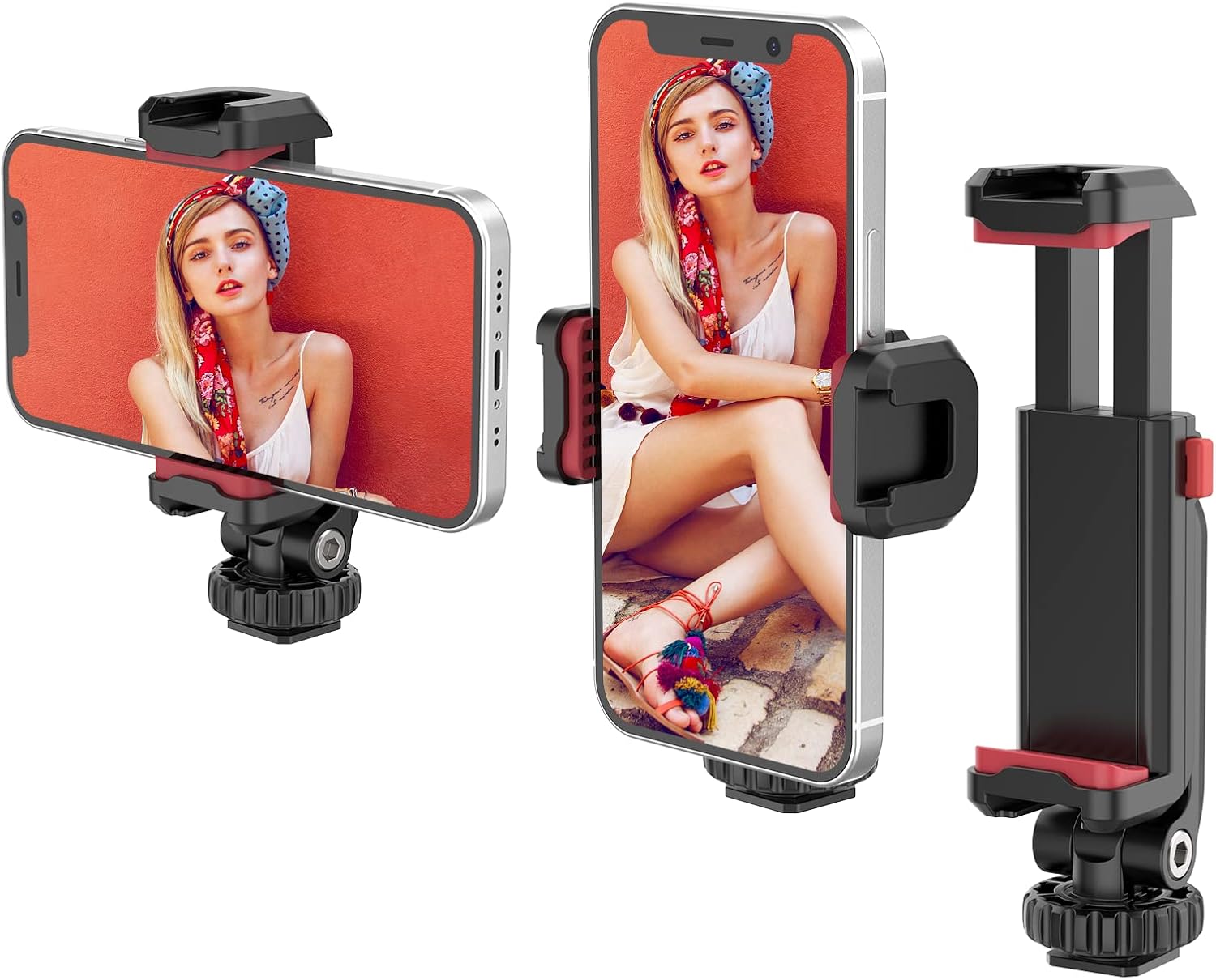 Phone holder with adjustable arm on a white background