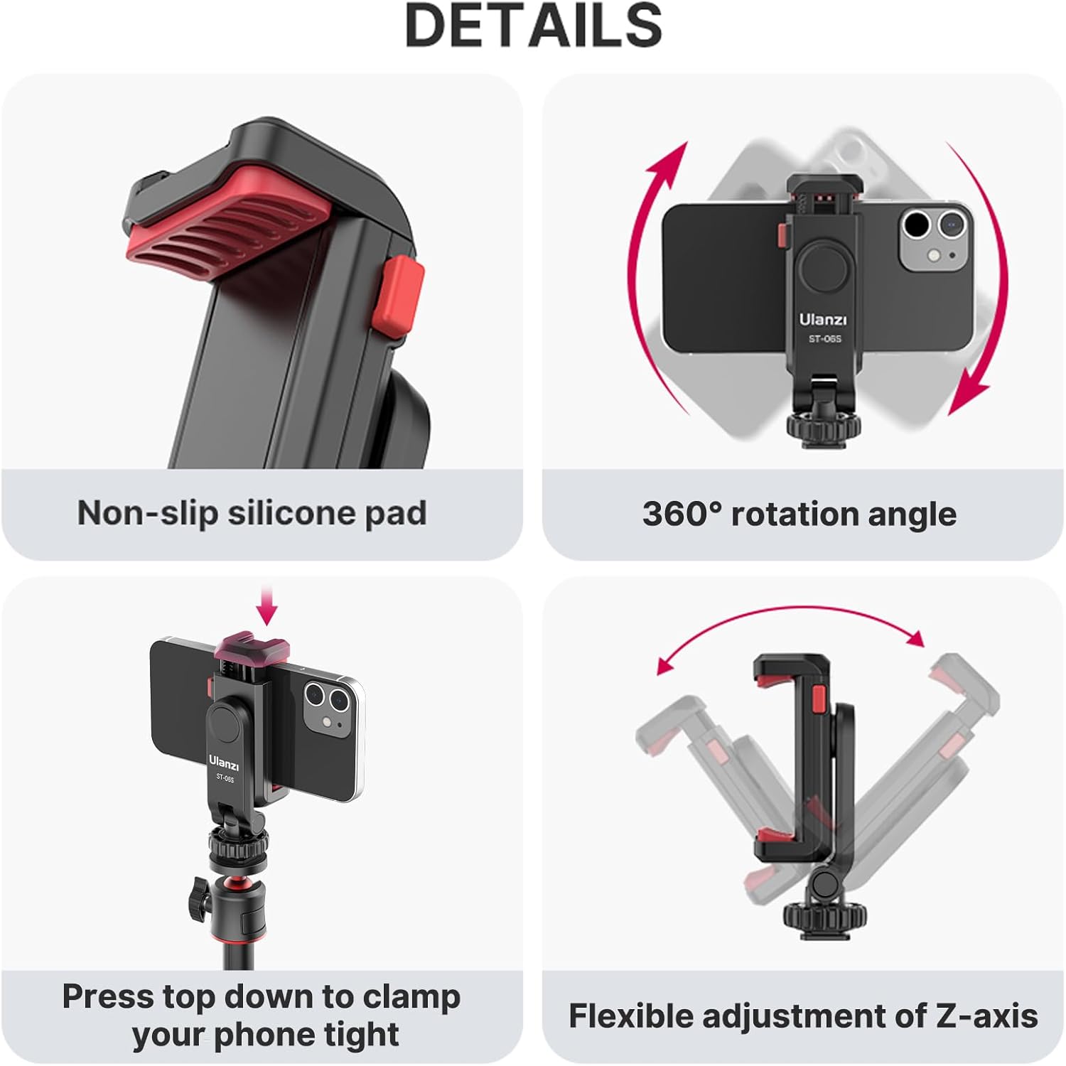 Phone holder with non-slip silicone pad, 360-degree rotation, and Z-axis adjustment on a white background.