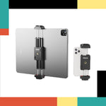 Two smartphone holders attached to tablets on a colorful background