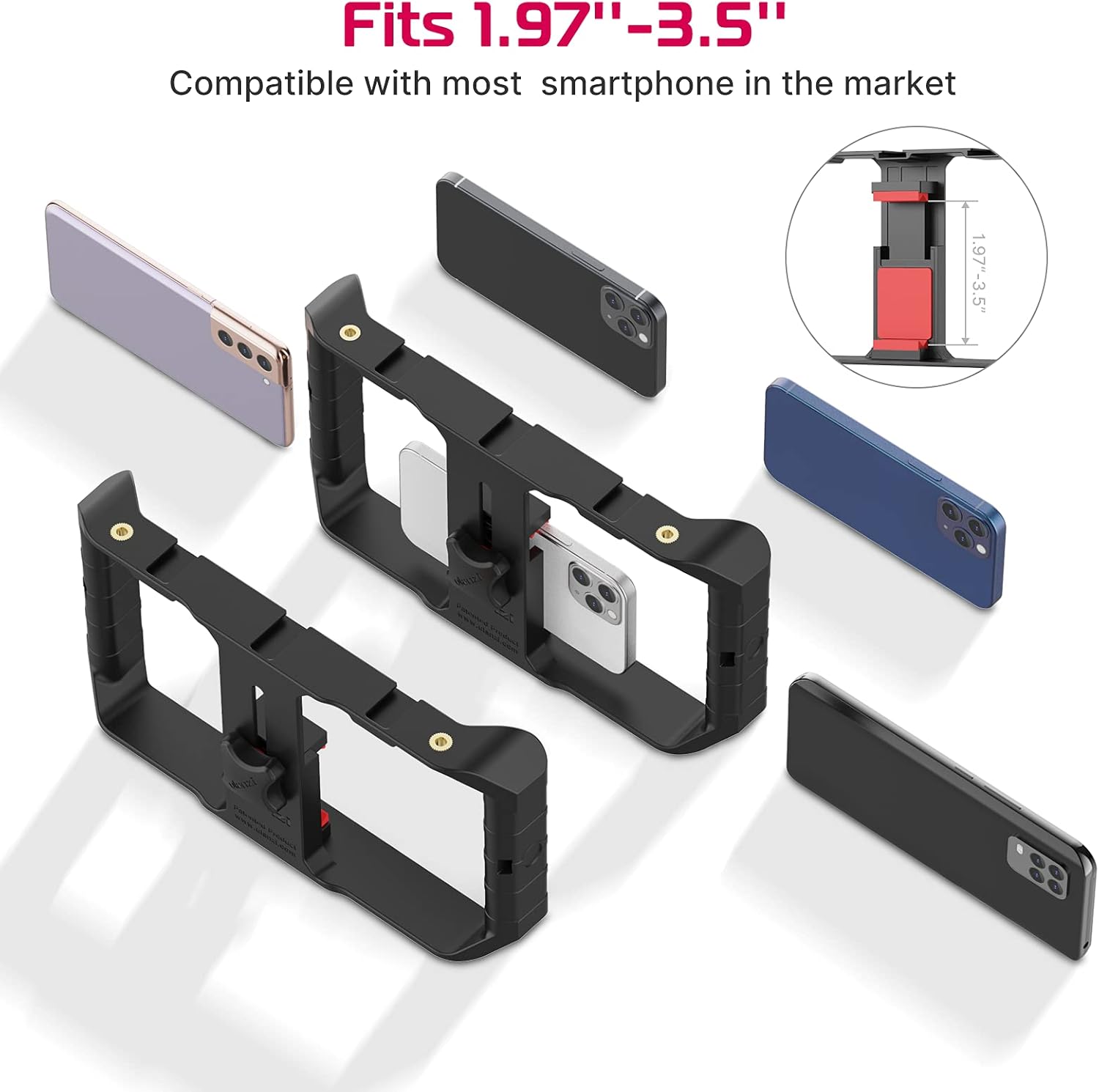 Black smartphone camera lens protector with compatibility text on a white background