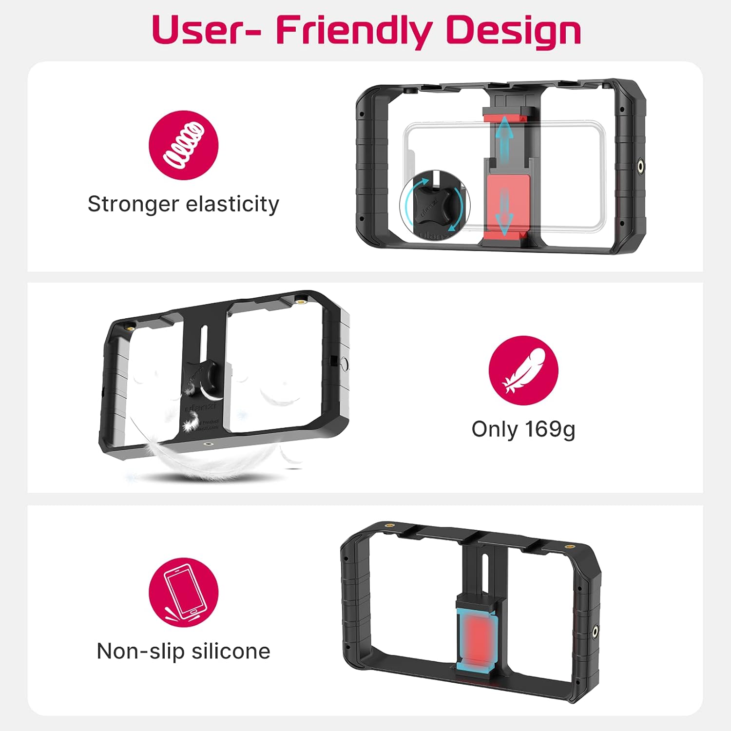 Product display with features like 'Stronger elasticity', 'Only 169g', and 'Non-slip silicone' on a white background.