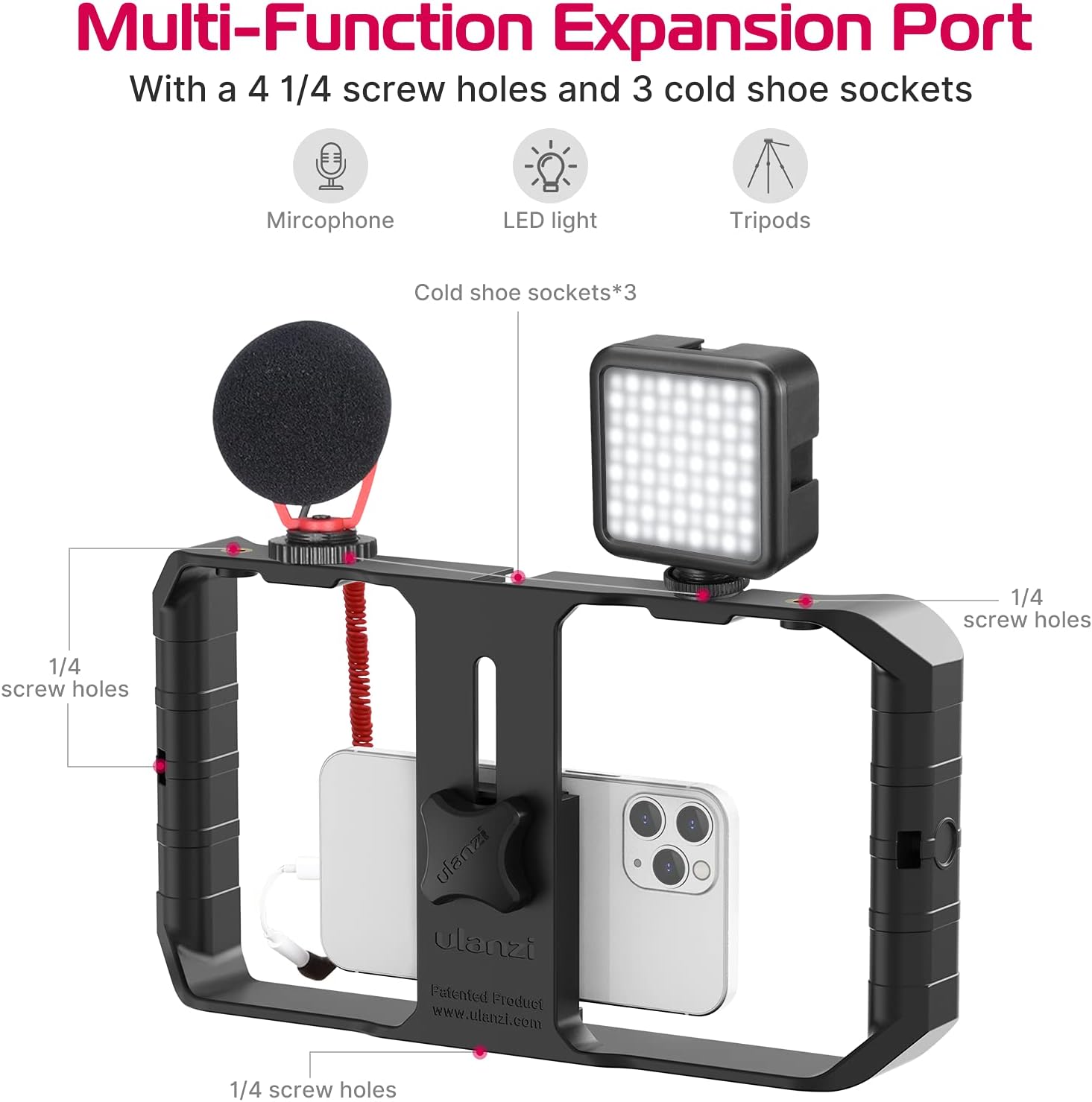 Multi-function expansion port with microphone, LED light, and tripods attachment on a white background