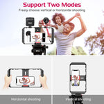 Phone holder with two modes for vertical and horizontal shooting, used by a father and daughter outdoors.