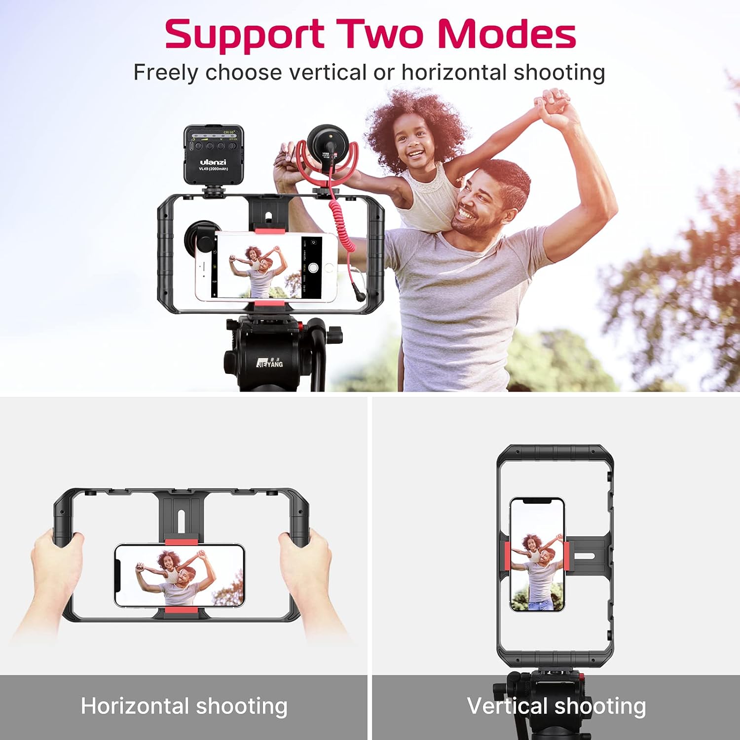 Phone holder with two modes for vertical and horizontal shooting, used by a father and daughter outdoors.