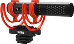 Rode microphone with red shock mount on a white background