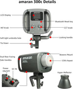 Amaran 300c studio light with labeled parts on a white background