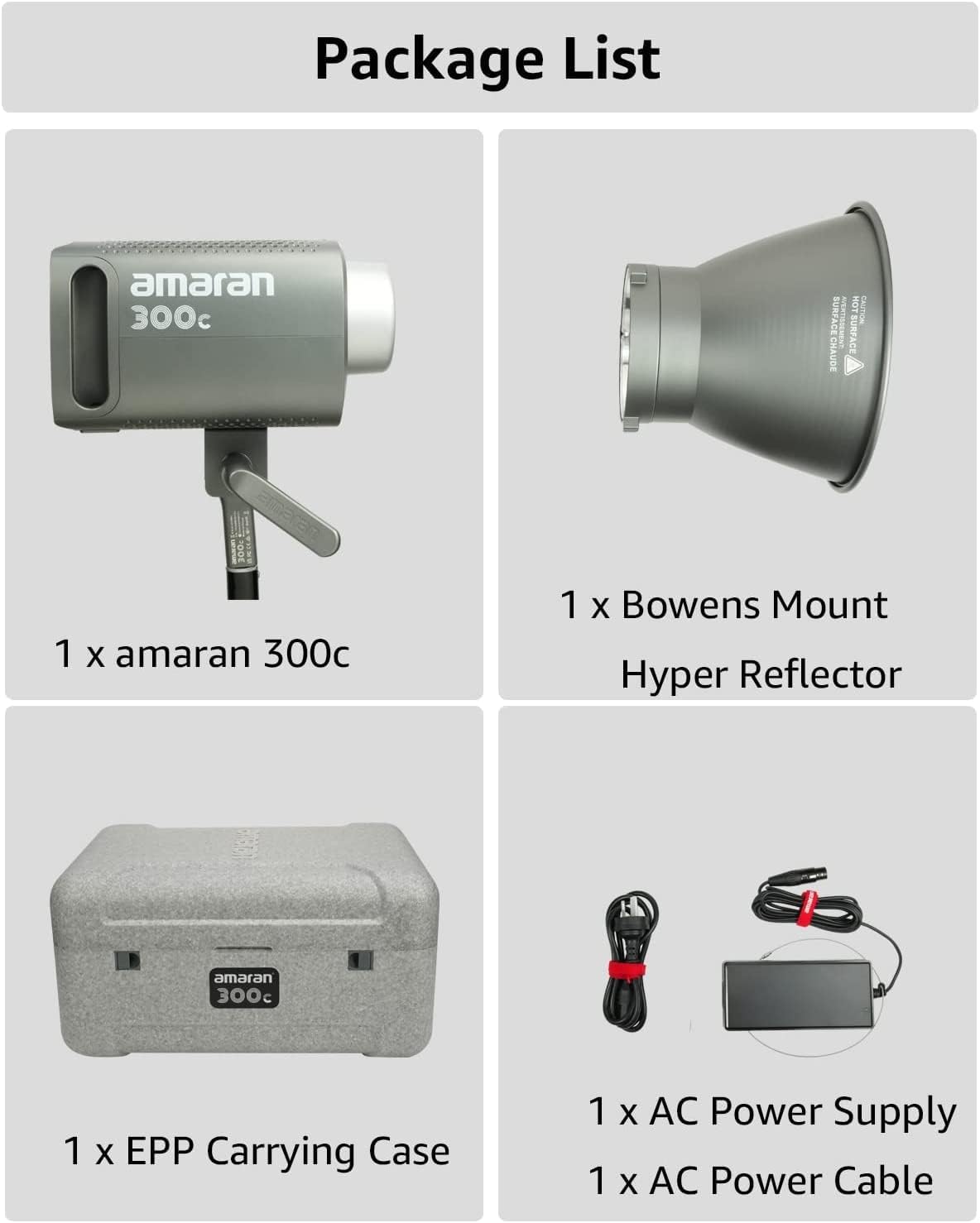 Package list of photography equipment including apanar 300c, Bowens Mount Hyper Reflector, EPP Carrying Case, AC Power Supply, and AC Power Cable on a gray background.