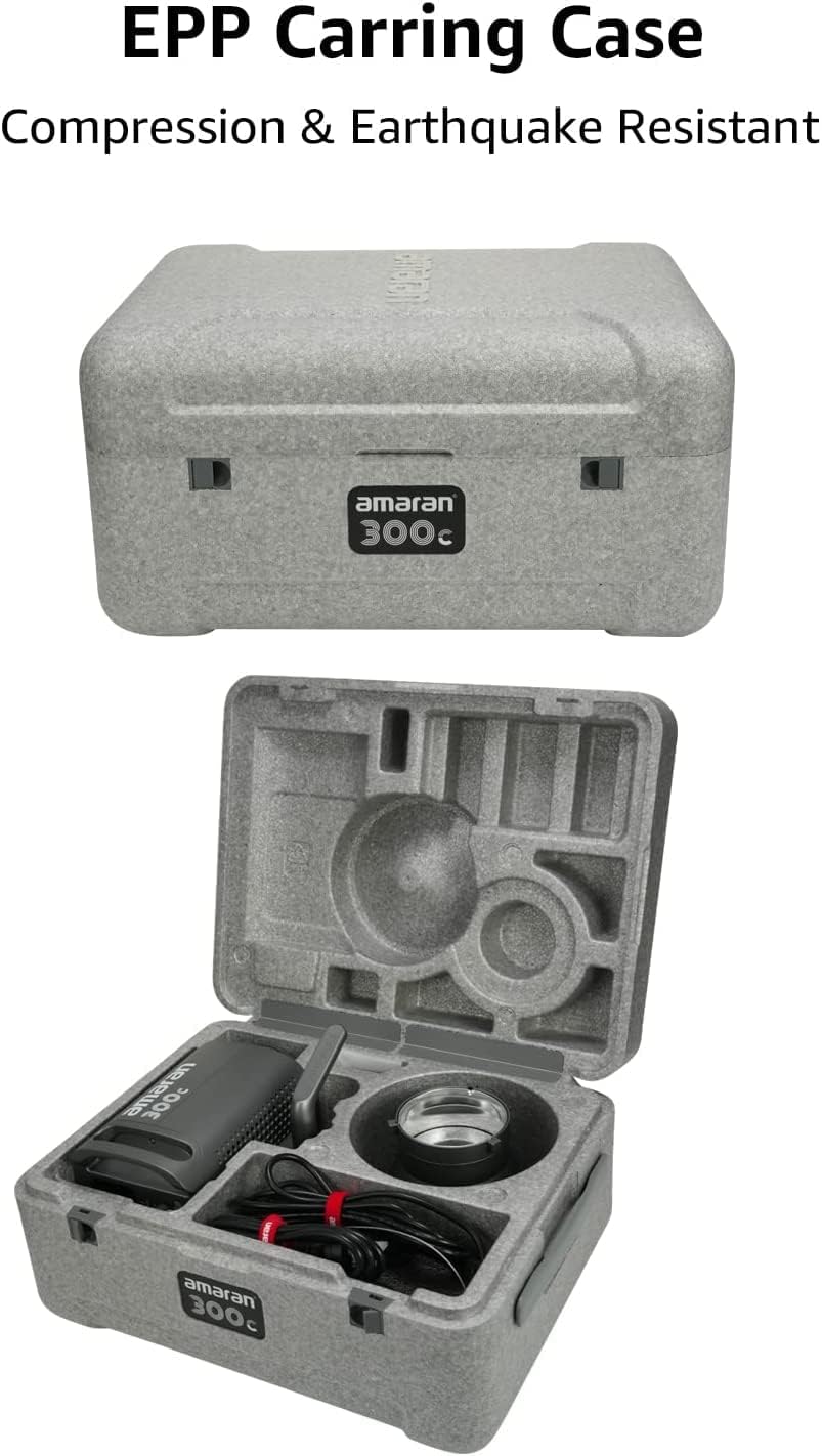 Gray EPP carrying case with 'amaran' branding, open to reveal contents on a white background.