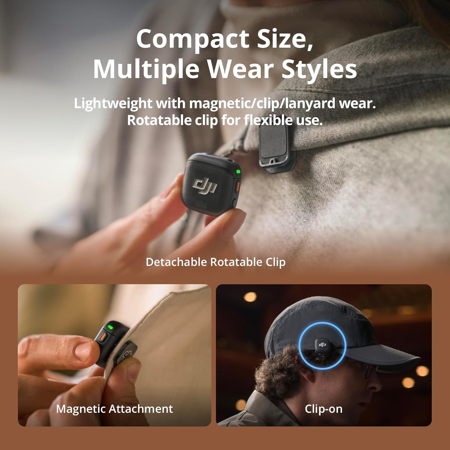 Product with detachable rotatable clip, magnetic attachment, and clip-on features on a blurred background.