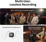 Multimedia recording setup with four people, a harp, and camera equipment, featuring text about multi-user lossless recording and audio transmission.