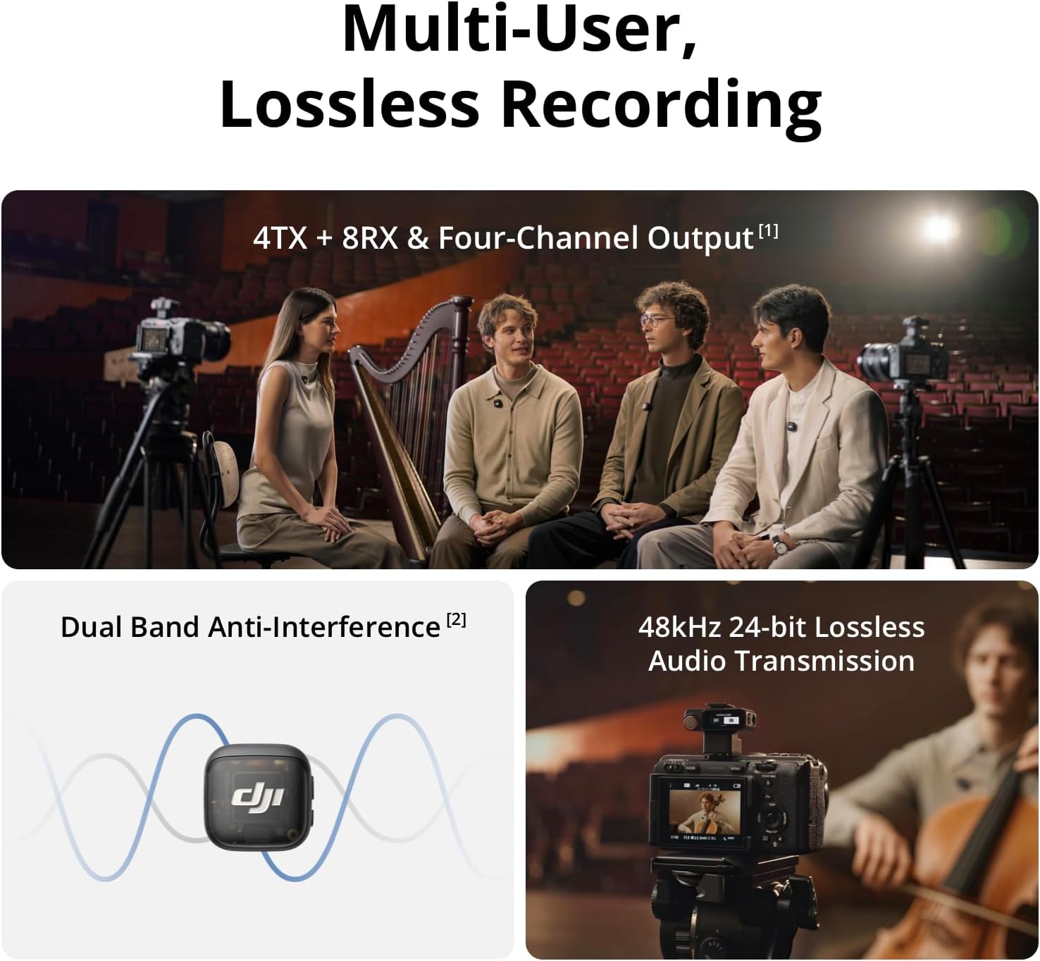 Multimedia recording setup with four people, a harp, and camera equipment, featuring text about multi-user lossless recording and audio transmission.