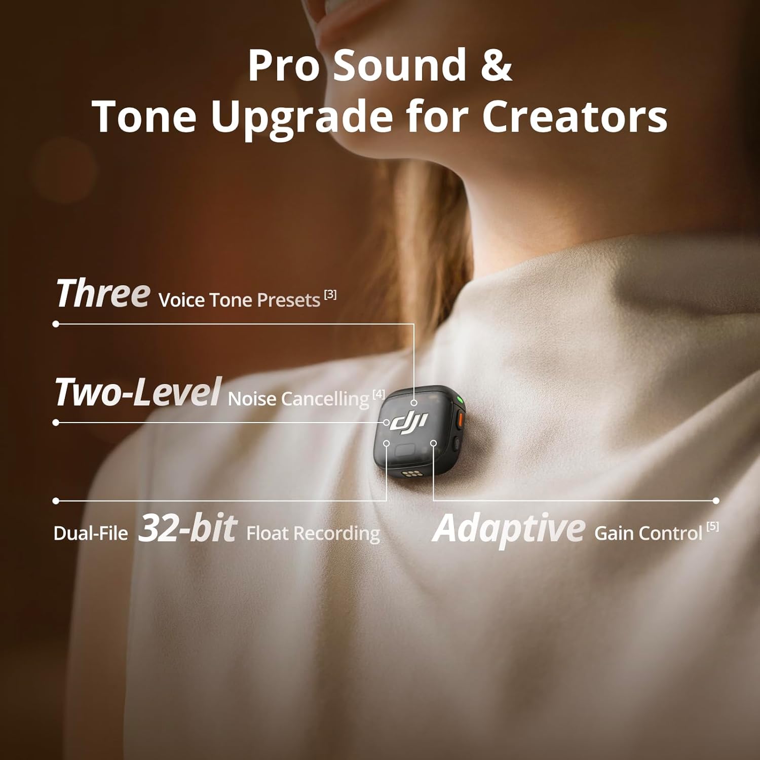 DJI device on a person's chest with features highlighted, set against a blurred background.