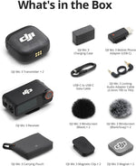 List of DJI Mic 3 accessories including transmitter, receiver, charging case, and more on a white background.