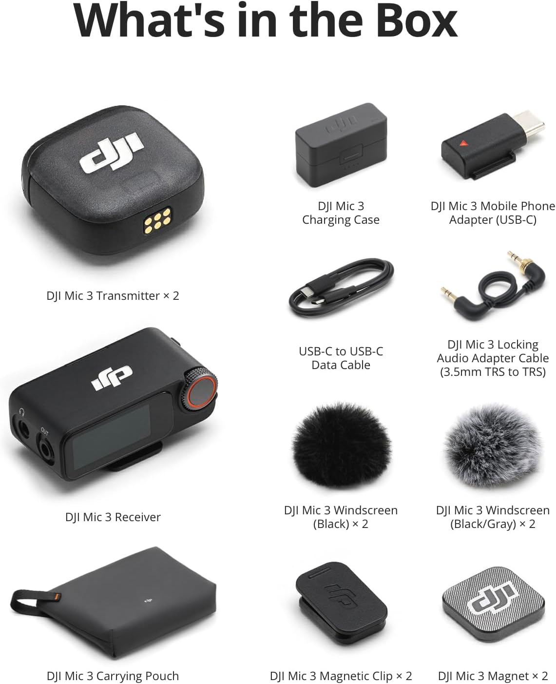 List of DJI Mic 3 accessories including transmitter, receiver, charging case, and more on a white background.