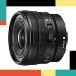 Camera lens with brand logo on a colorful background