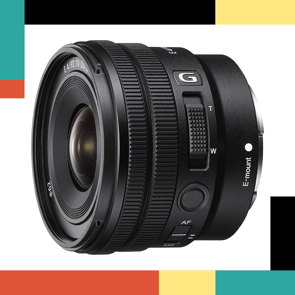 Camera lens with brand logo on a colorful background