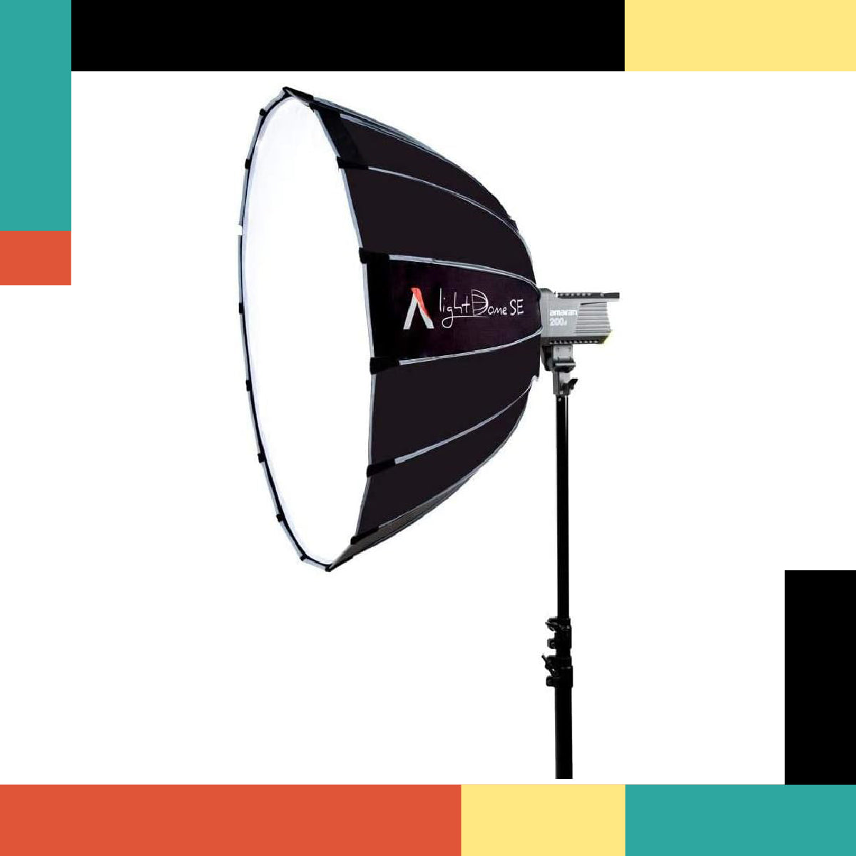 Photography studio softbox with a brand logo on a colorful background