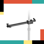 Black adjustable stand on a white background with colorful bars at the top and bottom.