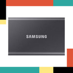 Samsung external hard drive on a colorful geometric background