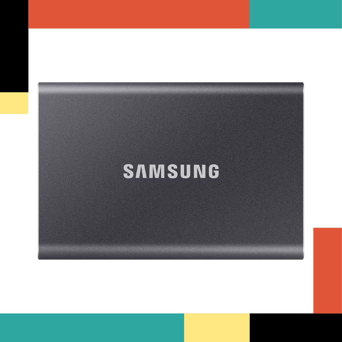 Samsung external hard drive on a colorful geometric background