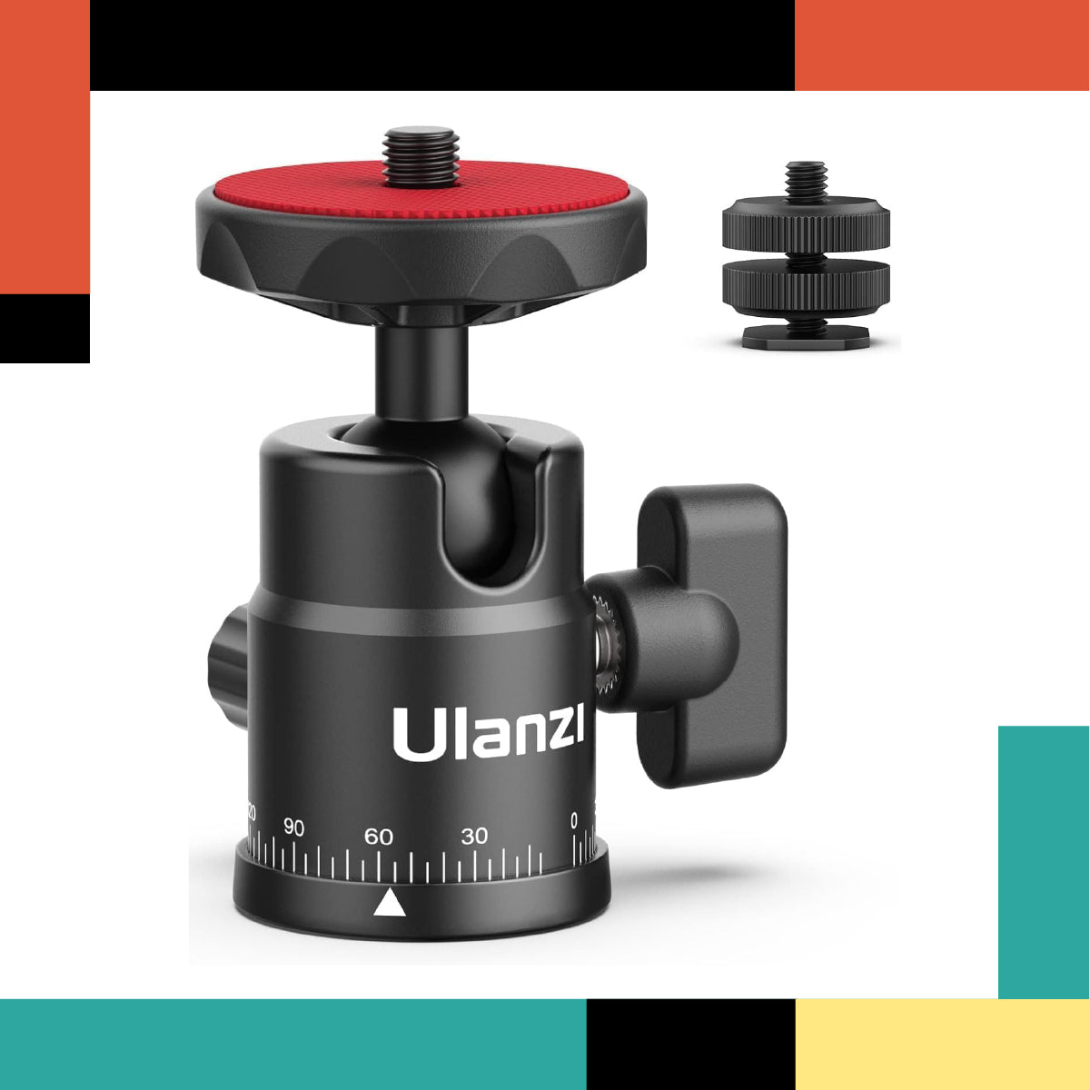 Ulanzi camera ball head with red center on a white background