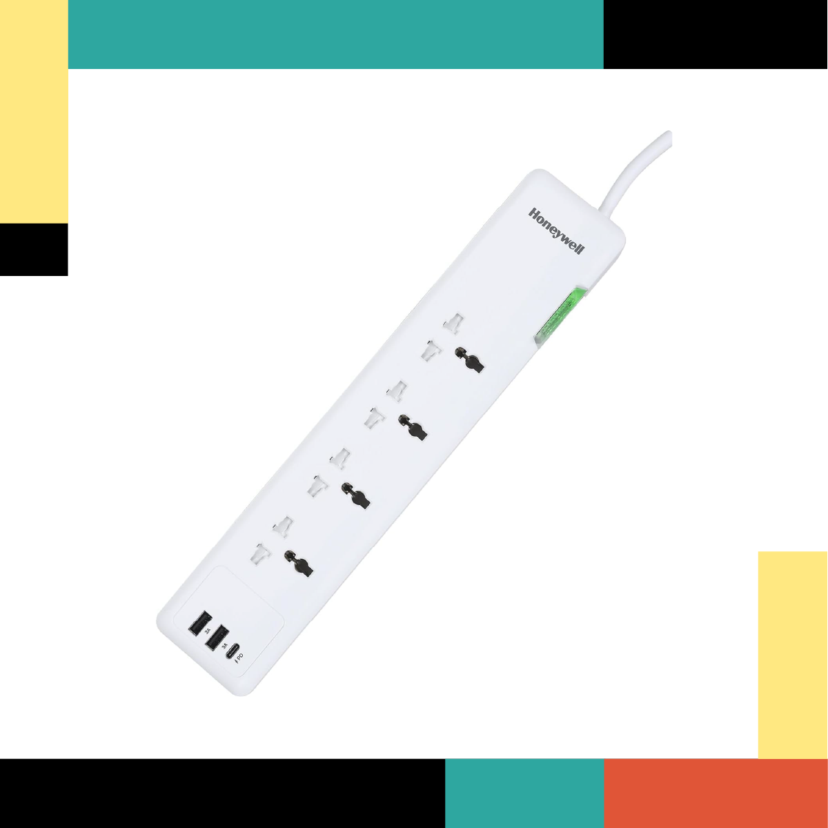 White power strip with multiple outlets and USB ports on a colorful background