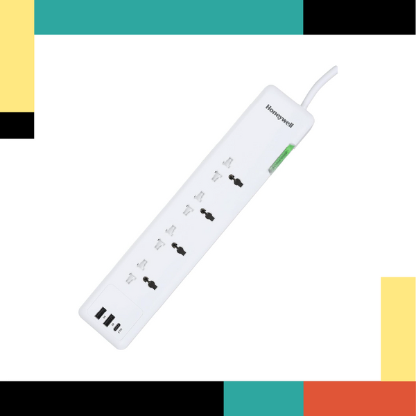 White power strip with multiple outlets and USB ports on a colorful background