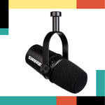 Black Shure microphone on a colorful geometric background