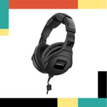 Black gaming headset on a colorful geometric background