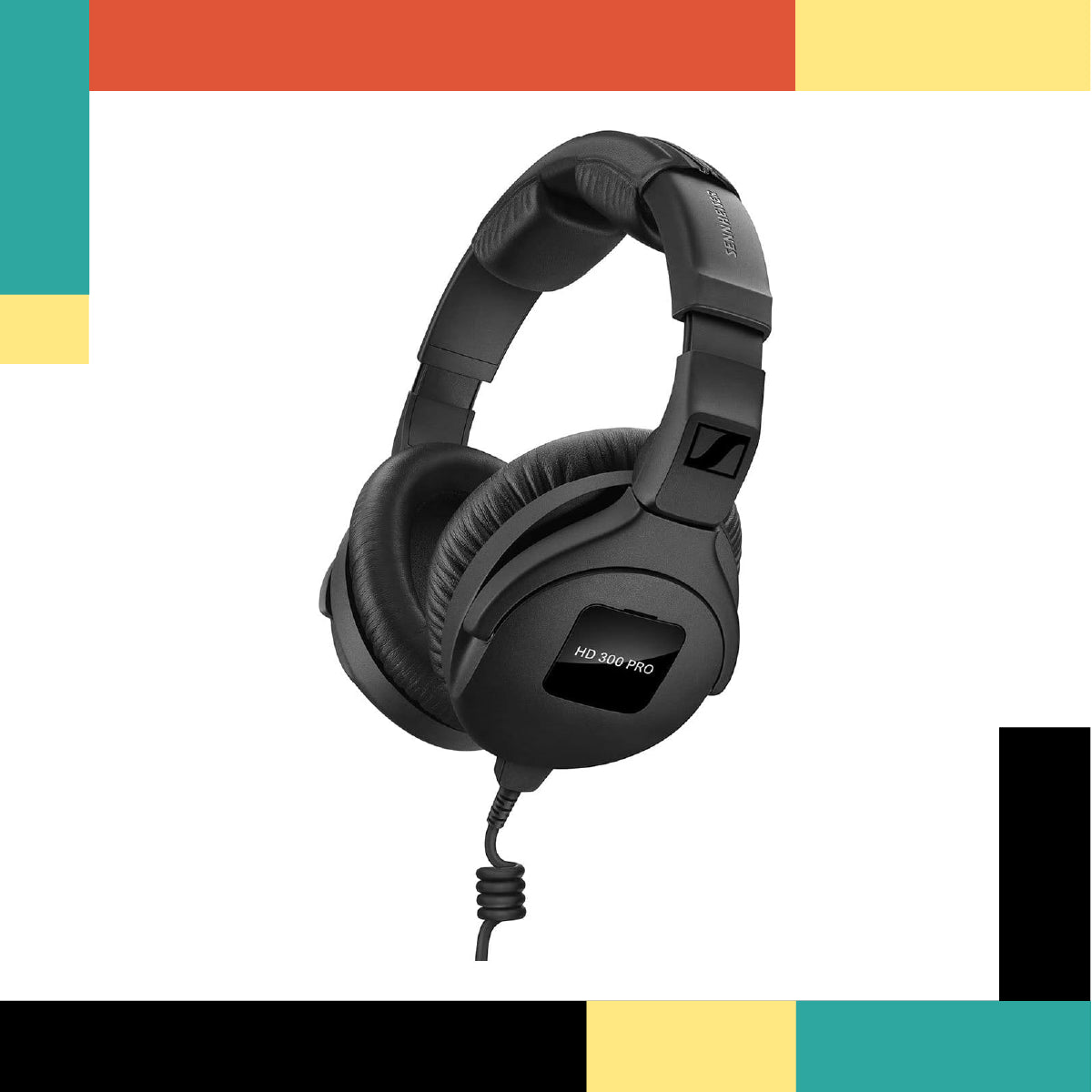 Black gaming headset on a colorful geometric background