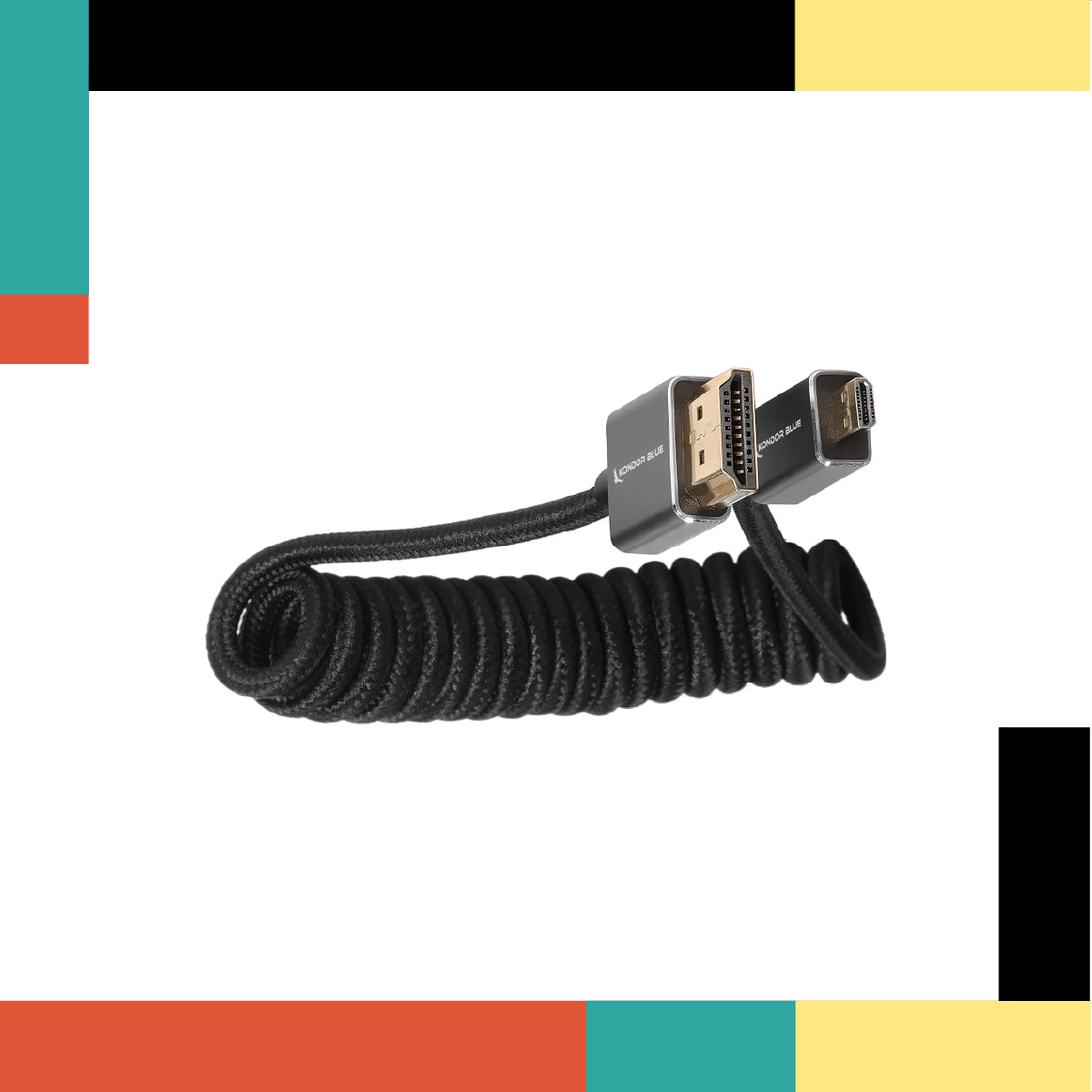Coiled HDMI cable with two connectors on a colorful background