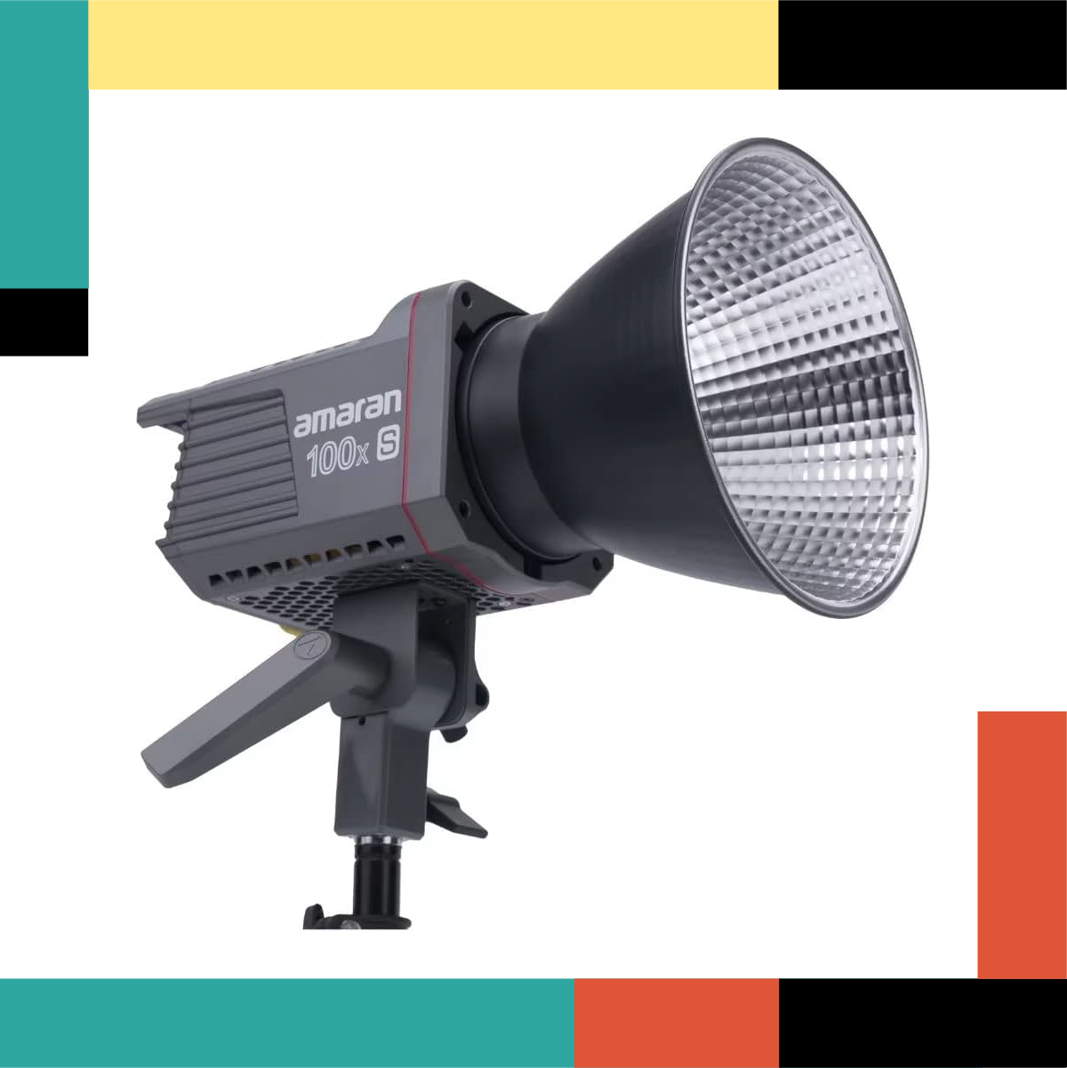 Studio light with 'amaran' branding on a colorful background